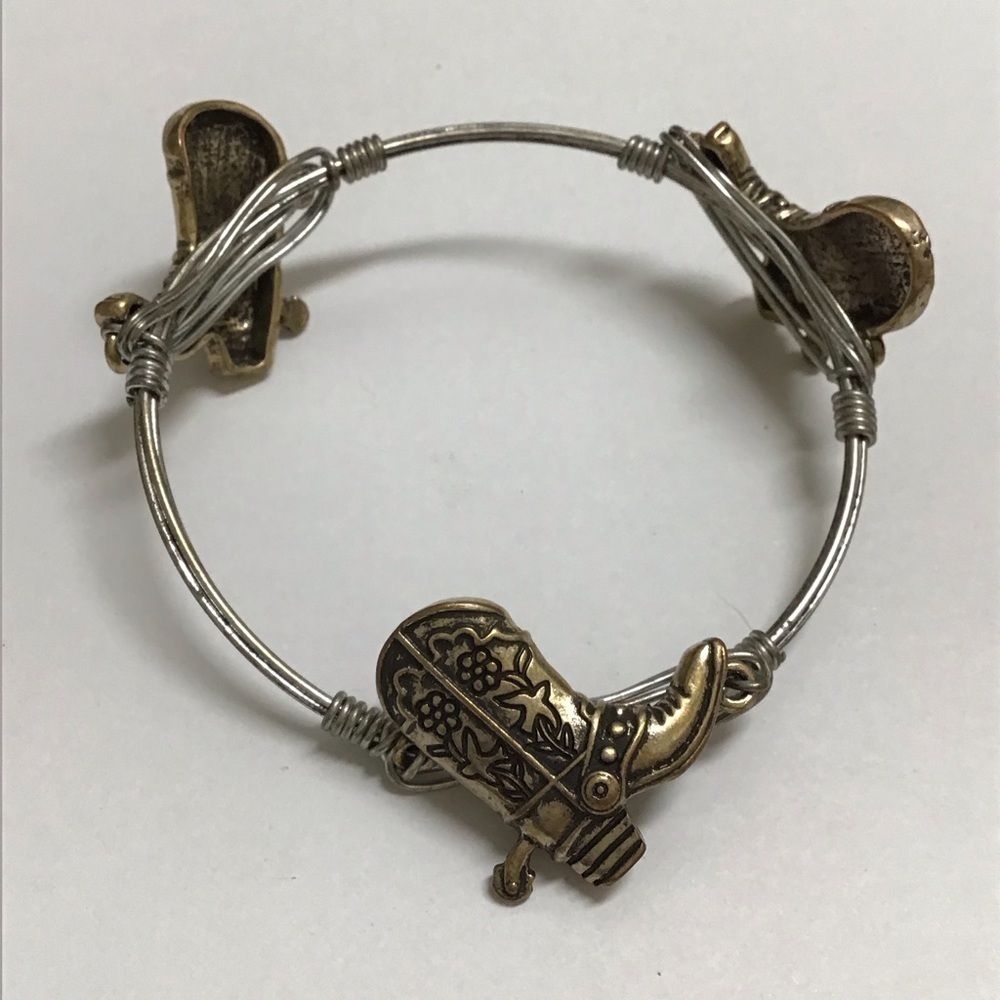 Western Bangle Bracelet Barb Wire Look TX Cowboy Boot Charm Mixed Metal Boho